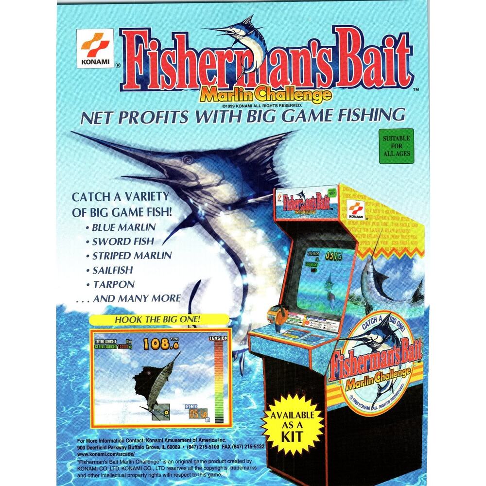 1999 Fisherman's Bait Marlin Challenge Arcade Game Flyer Konami USA